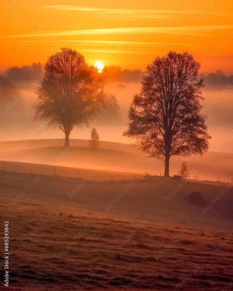 Obraz premium Mystische Landschaft im Nebel bei Sonnenaufgang, Generative AI
