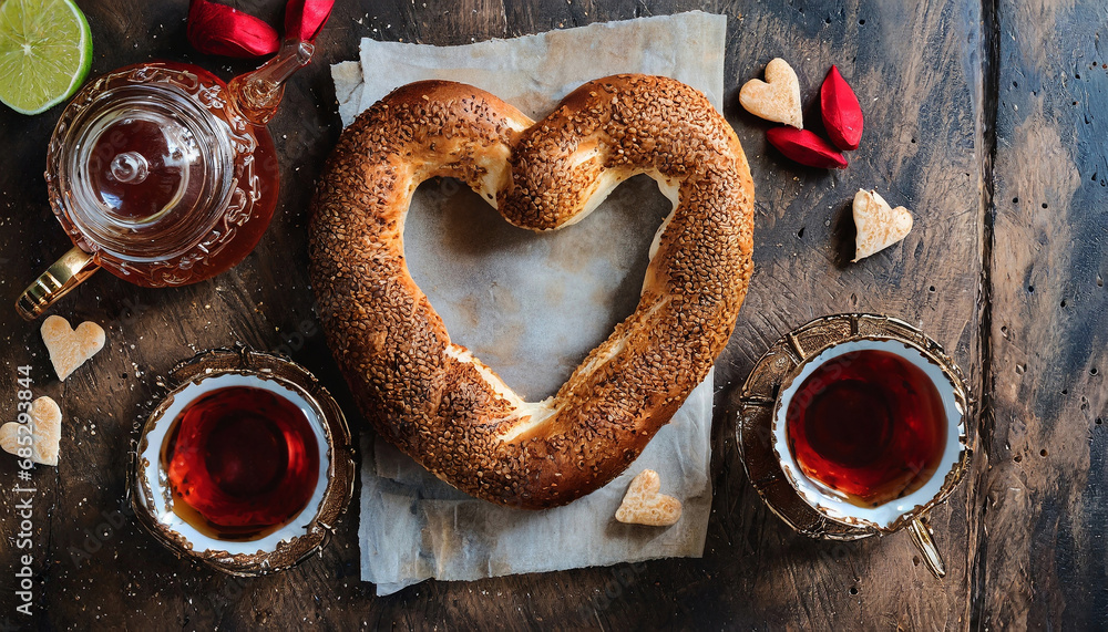 Heart-shaped Turkish bagel and Turkish tea in a glass cup prepared for Valentine's Day - obrazy, fototapety, plakaty 