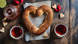 Heart-shaped Turkish bagel and Turkish tea in a glass cup prepared for Valentine's Day
