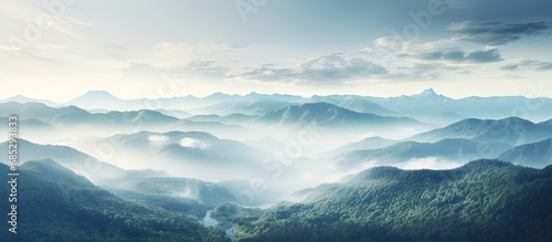 Misty mountain landscape offers epic view atop Mount Inerie on Fores copy space image photo
