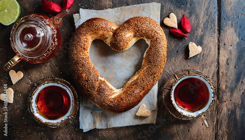 Heart-shaped Turkish bagel and Turkish tea in a glass cup prepared for Valentine's Day photo