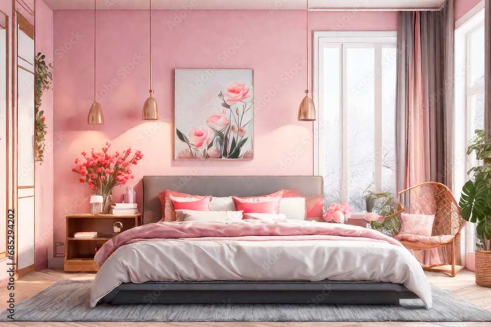 Valentine's Day interior bedroom concept, home style with in red and pink colours, 3d illustration. Valentine's Day interior bedroom concept, home style with in red and pink colours, 3d illustration.