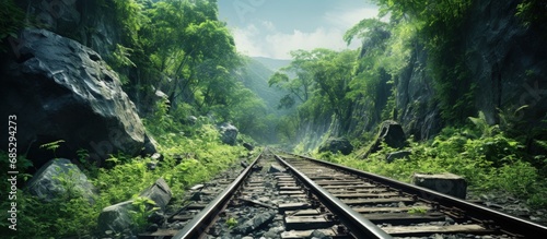 Fototapeta Naklejka Na Ścianę i Meble -  Overgrown mountain railway abandoned and aged copy space image