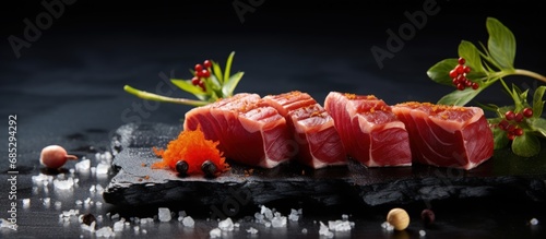 Stunning Japanese tuna nigiri sushi displayed on a dark wooden surface copy space image