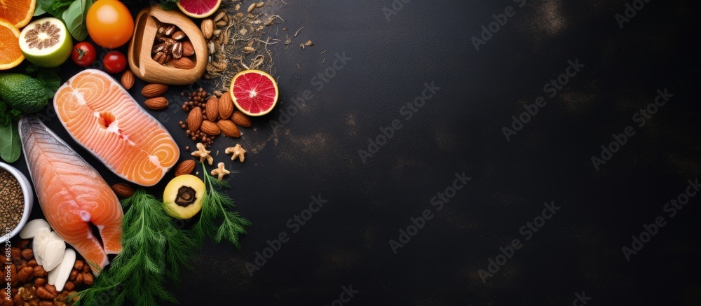 Potassium rich foods include legumes salmon fruits vegetables dried apricots seaweed chuka and nuts Top view on a dark background copy space image