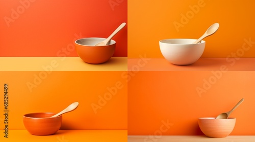 Ceramic bowl with a wooden spoon on a bright orange backdrop.