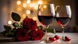 Wine glasses and roses for two people prepared for Valentine's Day. Valentine's Day concept