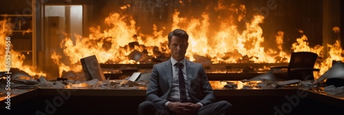 Print op canvas Businessman Faced with Flames amidst Financial Collapse and Greed