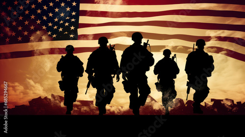 Silhouettes of US soldiers on background of American flag. It is made in style of graphic design. For promotional materials, patriotic campaigns in support of military, veterans or national holidays.