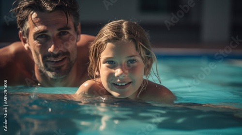 Candid Capture of Young Girl and Instructor in Pool Demonstrating Learn-to-Swim Process