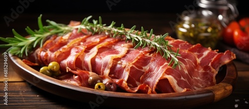 Popular antipasto pancetta rolls with pickled olives copy space image