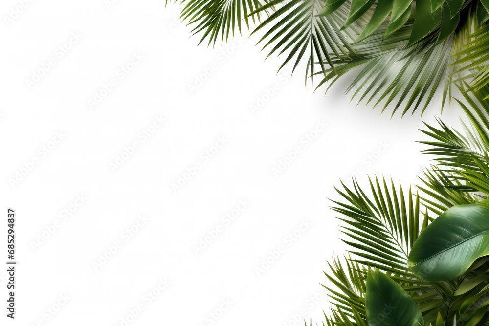 Green leaves of palm trees on a white background 