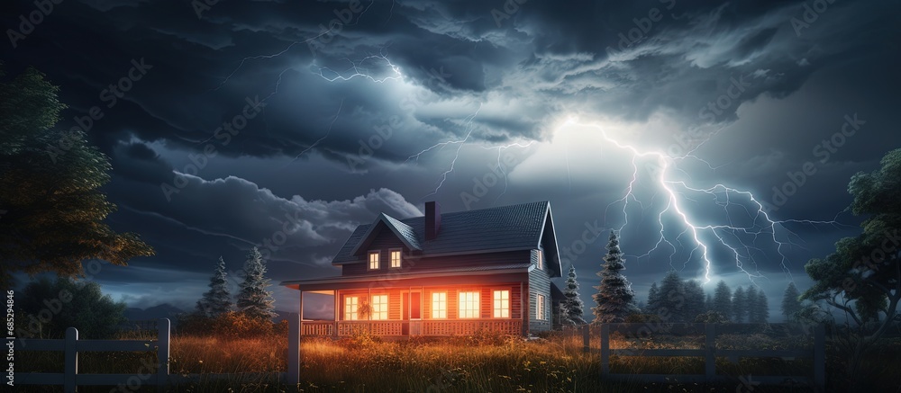 Thunderstorm with lightning bolt wiggles over a house copy space image