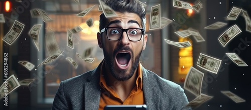 Shocked freelancer hipster man cannot believe he won money in cryptocurrency trading Astonished businessman trader Video conference call copy space image photo