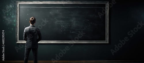 Male teacher instructs in classroom and writes on board copy space image