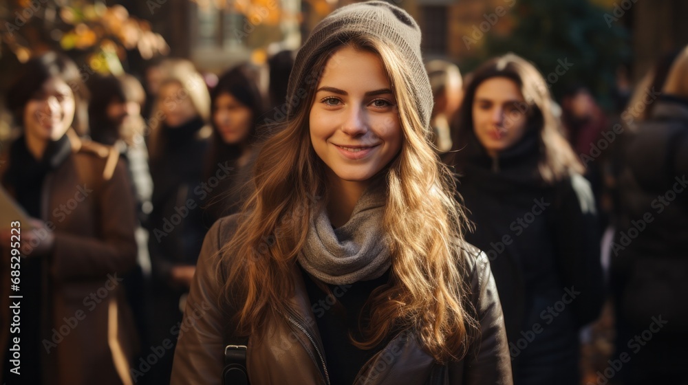 Obraz premium Woman smiling in front of crowd.