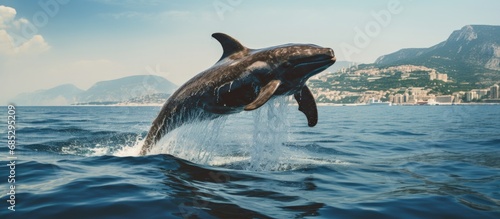 Rare sightings of pilot whales can be observed during whale watching tours in the Mediterranean s Ligurian Sea copy space image