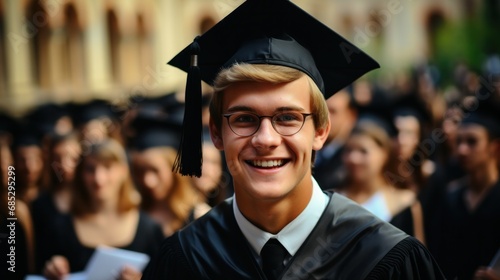 Smiling young man in graduation cap and gown.