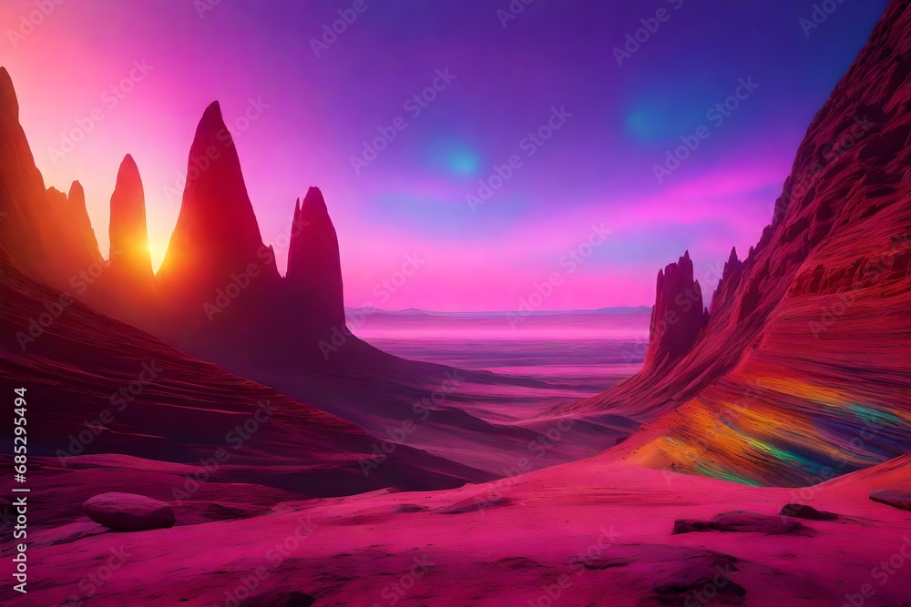 Visualize a remote, alien world with strange, jagged rock formations and a sky filled with vibrant, otherworldly colors.