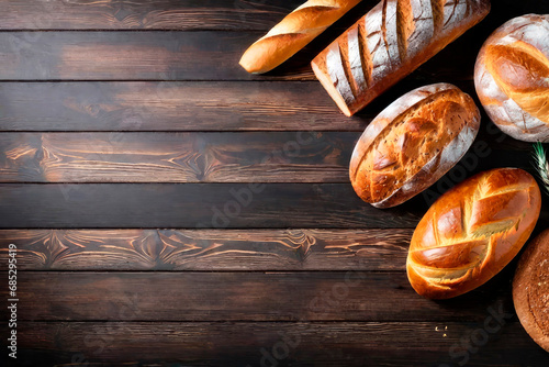 Assorted bakery products. Homemade fresh baked breads and buns made from wheat and rye flour on rustic wooden table. Food concept. Copy space. View from above.