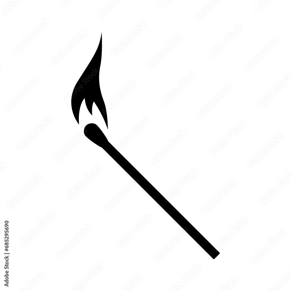Burning match icon. A lit match. Black silhouette. Front side view. Vector simple flat graphic illustration. Isolated object on a white background. Isolate. Burning match icon. A lit match. Black silhouette. Front side view. Vector simple flat graphic illustration. Isolated object on a white background. Isolate.