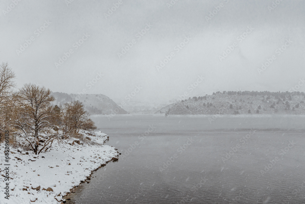 Stormy winter landscape on Horsetooth Reservoir in Fort Collins, Colorado