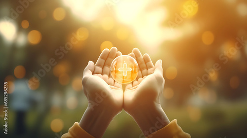 Health insurance concept. people hands holding plus and healthcare medical icon, health and access to welfare health concept  photo