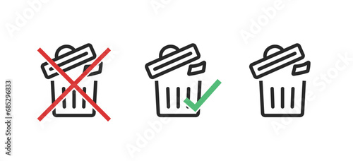 Do not throw trash bin line outline art vector icon graphic set simple pictogram, hazardous forbidden dumpster garbage sign, permitted approves allowed dustbin image clipart
