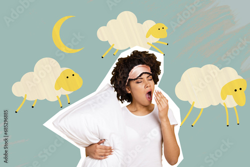 Cuadro en lienzo Picture magazine sketch collage image of yawning tired lady counting sheep falli