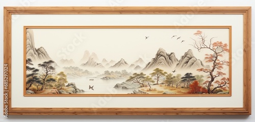 Elegant wooden frame with a scenic landscape print on a serene white wallpaper background