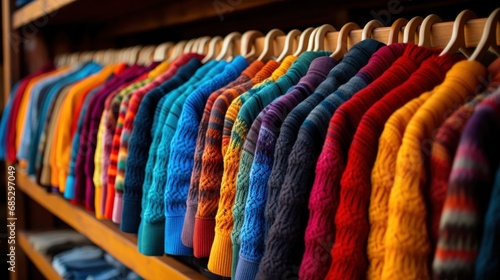 Colorful sweaters hanging on hangers in a clothing store.