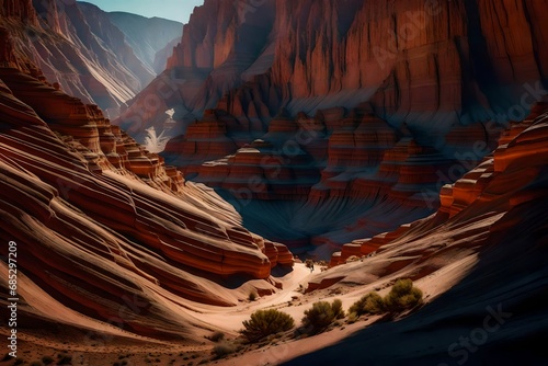 Visualize a vast, otherworldly canyon with vibrant, layered rock formations, carved by the forces of nature.