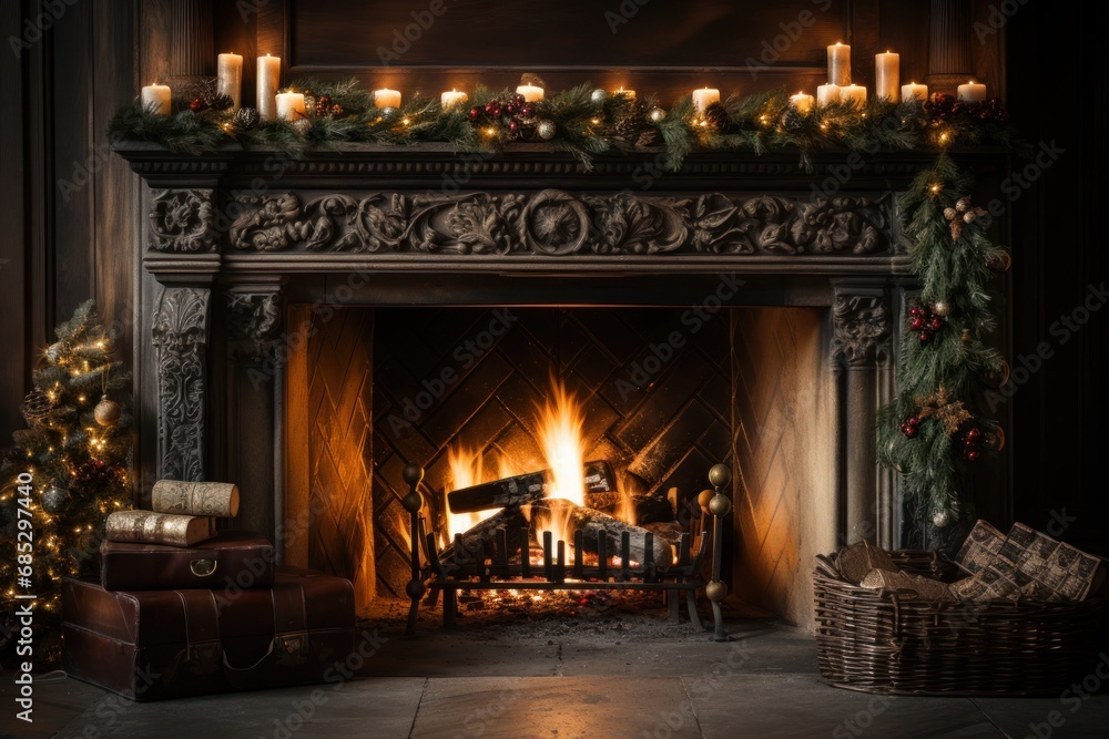 Cozy Fireplace Illuminated by a Collection of Festive Candles Generative AI