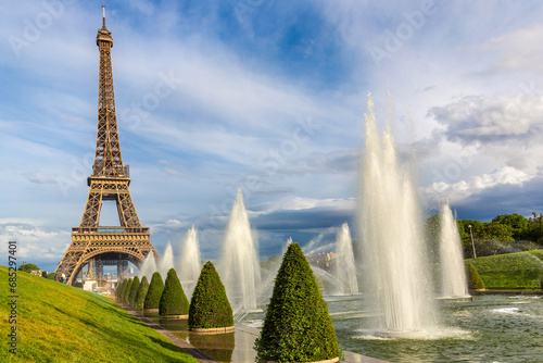 Eiffel Tower and fountains of Trocadero in Paris at sunset  France
