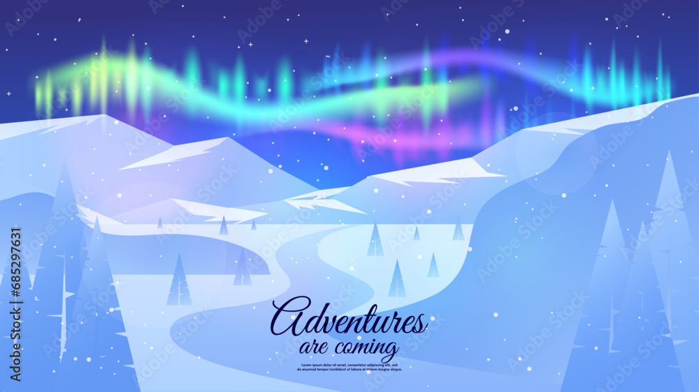 Vector illustration. Northern lights. Aurora borealis. Mountains with forest and road. Design for background, wallpaper, invitation, web.