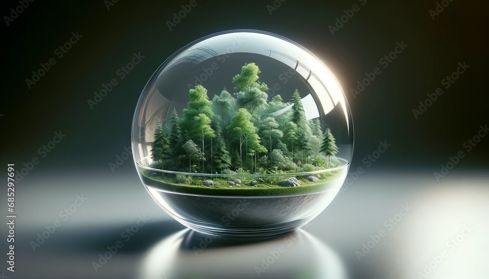 Glass globe with vibrant miniature forest, clear with detailed trees and foliage, on a reflective surface. Soft lighting accentuates greenery, symbolizing Earth's fragile ecosystems.