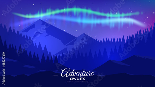 Aurora borealis overnight lake in starry sky, polar lights landscape. Adventure concept. Flat style vector illustration.