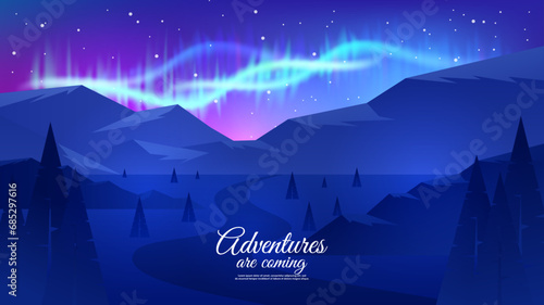 Aurora borealis, starry sky, polar lights landscape. Mountains landscape. Adventure concept. Flat style vector illustration.