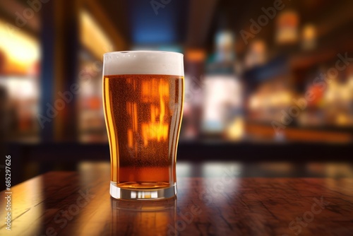 A glass of beer on a bar 