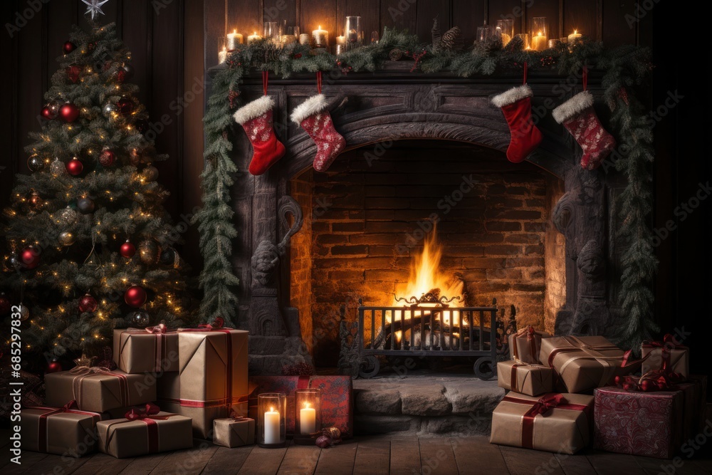 Christmas Fireplace with Presents Generative AI