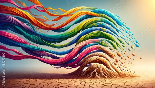 A surreal digital artwork transitions from vibrant ribbons symbolizing healthy ecosystems to parched earth, accentuated by a dynamic flow, detailed textures, and harmonious colors.