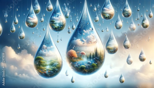 A surreal digital painting: raindrops hold tiny ecosystems like forests and coral reefs, symbolizing Earth's precious fragility. High-res, detailed digital art with a dreamlike atmosphere