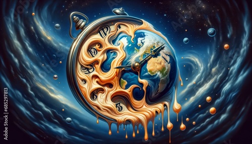 A surreal digital painting of a melting clock over a realistic globe, symbolizing the urgent passage of time in the context of climate change, set against a starry cosmic background