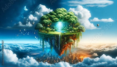A surreal floating island: one side lush jungle, the other a bustling miniature city in a clear blue sky. Contrasting yet harmonious, symbolizing nature and urban life coexisting.