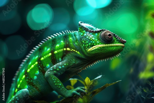 A green chameleon with a green background. 