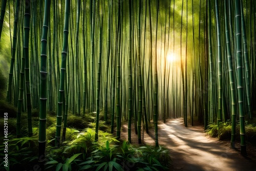 A tranquil bamboo forest with sunlight streaming through the dense canopy.