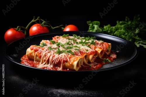 Traditional Italian dish cannelloni on a black background photo
