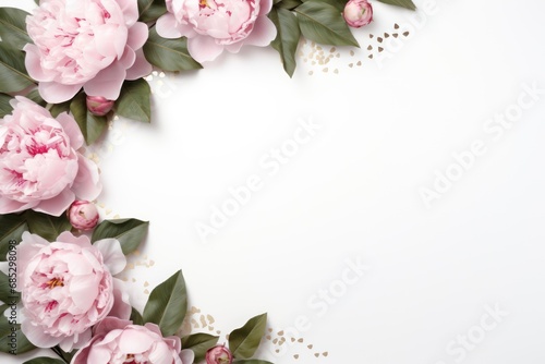 A wreath of peonies with green leaves on a white background 