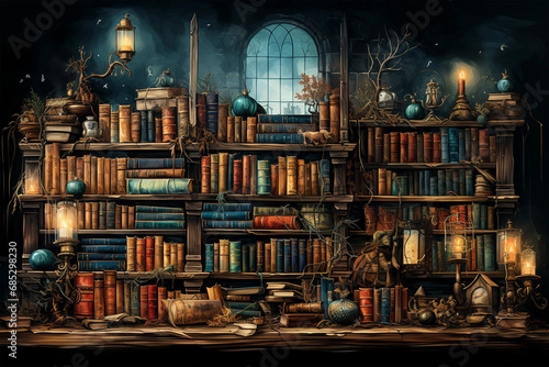 Old library or bookshop with many books on shelves as wallpaper on transparency generative AI