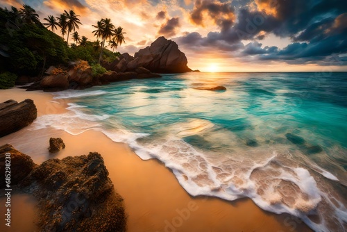 Visualize a tranquil beach with crystal-clear waters  where waves gently meet the shore at sunset.